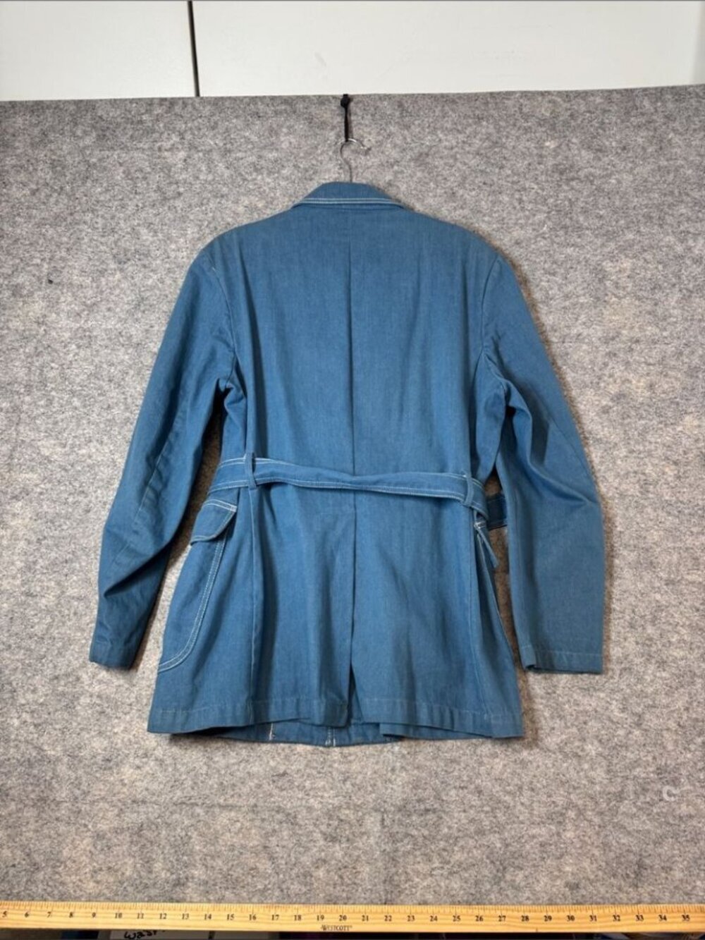 Vintage Belted Denim Jacket Blue Size 44 Mod Retro Utility Blazer Shacket Unisex - Picture 12 of 15